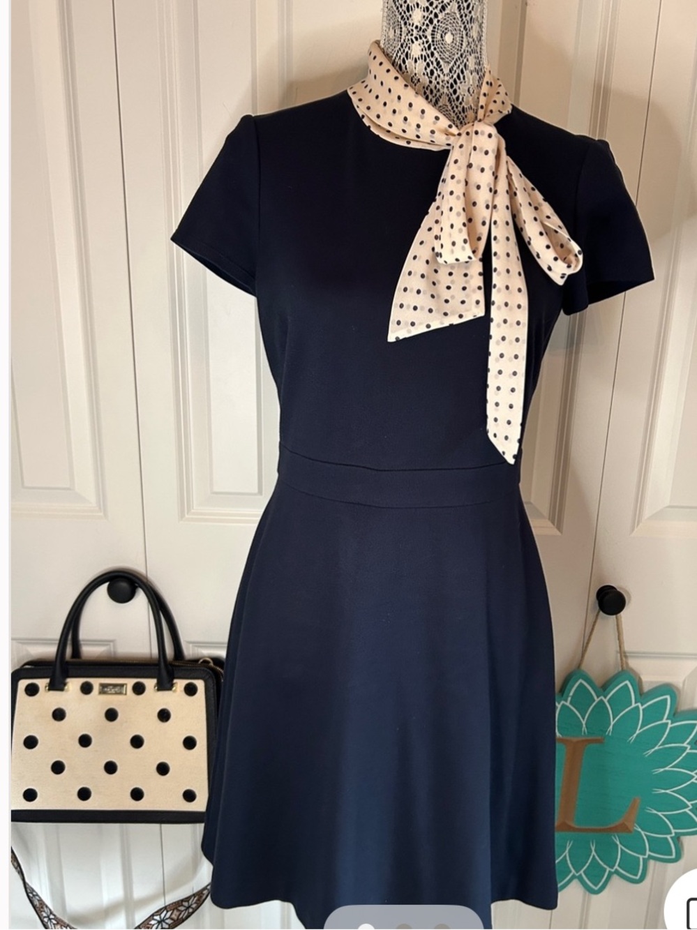 ⚓ Preppy Chic! Nordstrom 1901 Navy Fit & Flare Dress w/ Polka Dot Bow 🎀